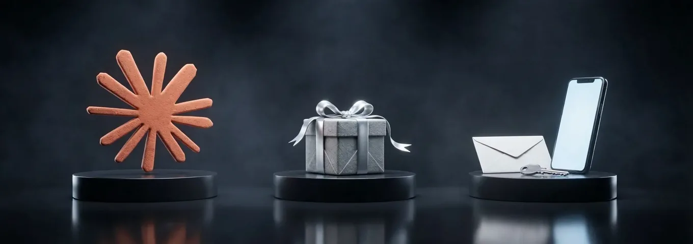 The terracotta Claude starburst, a silver wrapped gift box, and an envelope, a key and a phone with a blank screen, on three black plinths