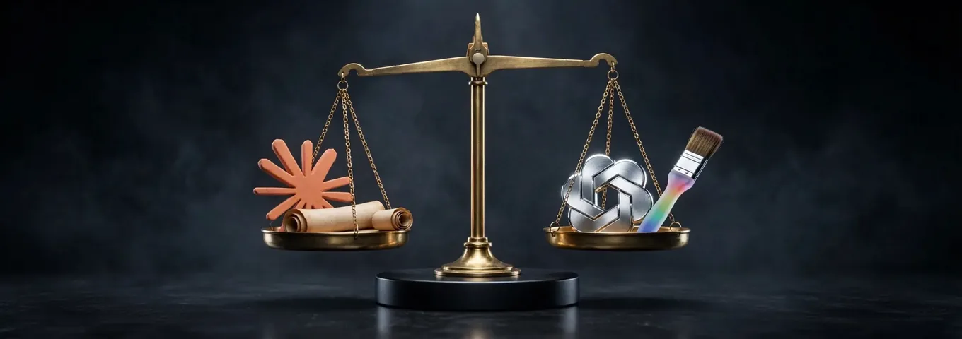 A brass balance scale on a black plinth: a terracotta Claude starburst beside a long paper scroll in one pan, a chrome OpenAI knot beside a rainbow glass paintbrush in the other, almost level.