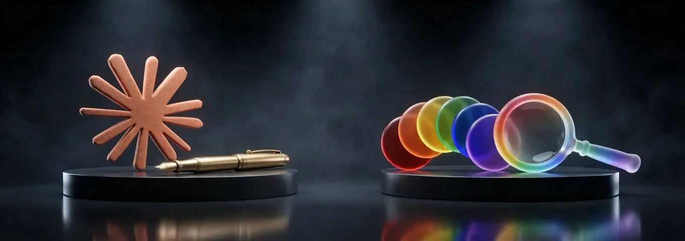 Two charcoal plinths under a warm rim light: on the left one large terracotta Claude starburst beside a brass fountain pen, on the right a fan of seven small glass discs in different colours beside a rainbow glass magnifying lens.