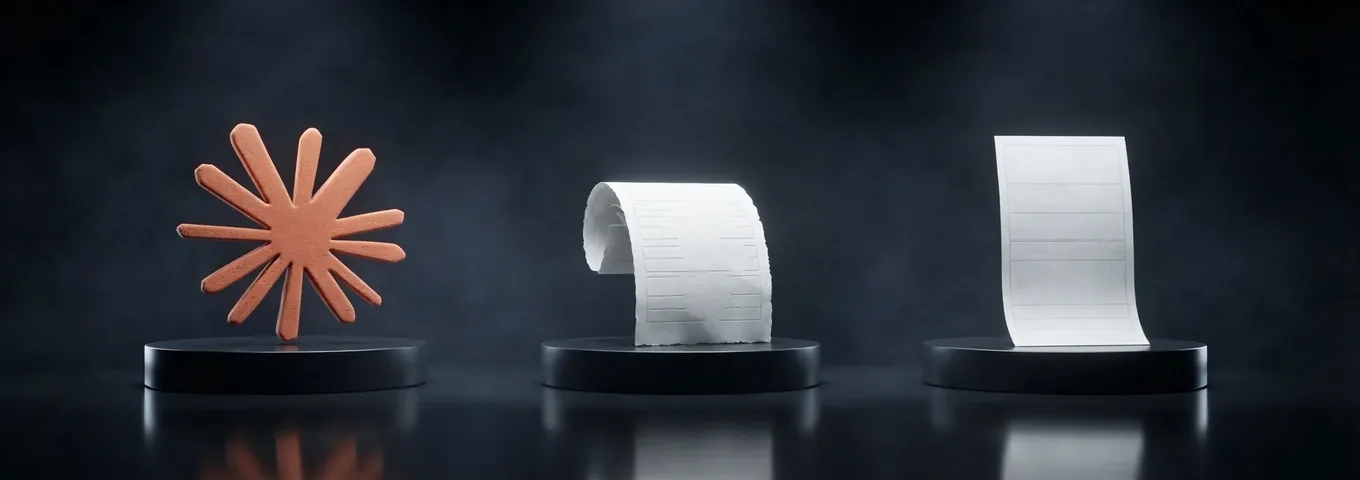 The terracotta Claude starburst, a curled paper receipt and a printed invoice sheet on three black plinths