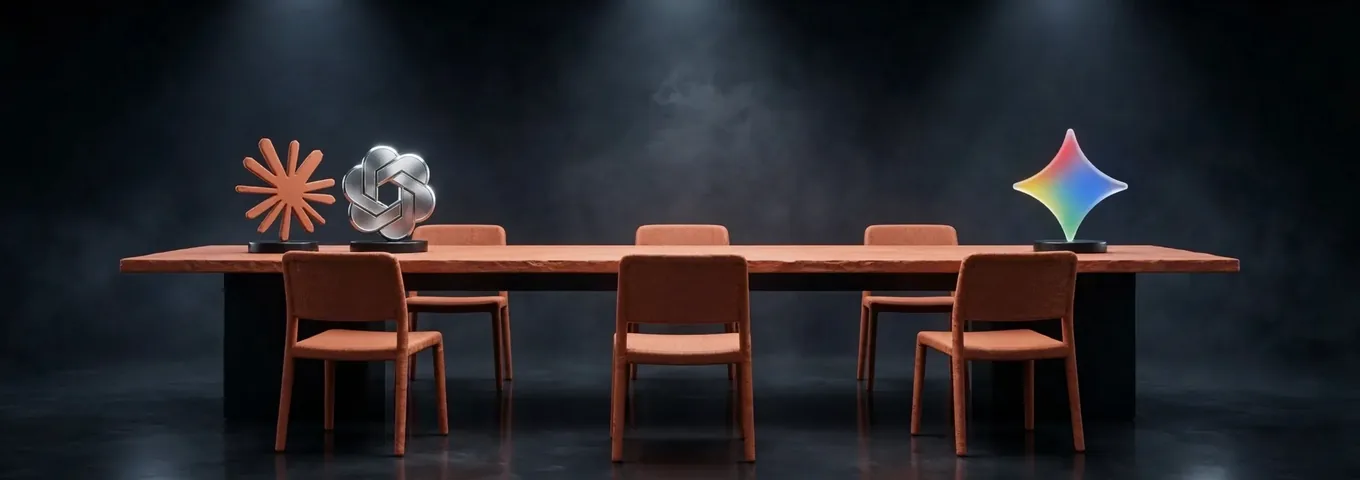 A long black plinth in a dark studio with a terracotta starburst sculpture at the head of a small terracotta table set with five chairs.