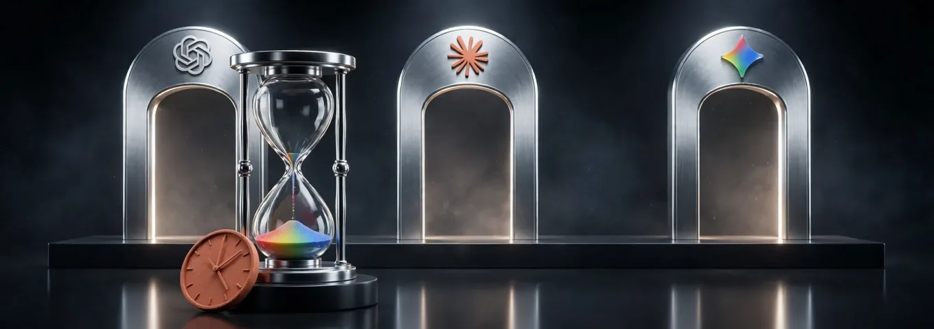 A chrome hourglass with rainbow glass sand nearly run through, a terracotta clock leaning on its charcoal plinth, and three lit chrome archways behind it carrying the OpenAI, Claude and Gemini marks.