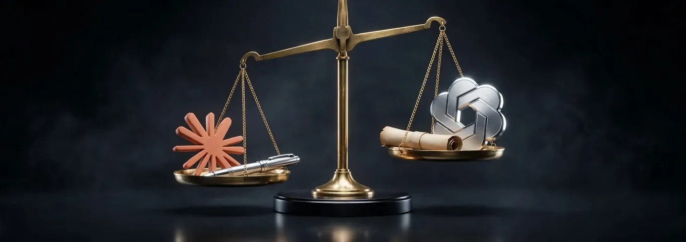 A brass balance scale: a terracotta Claude starburst beside a fountain pen in one pan, a silver OpenAI knot beside a paper scroll in the other, tipped slightly toward Claude.