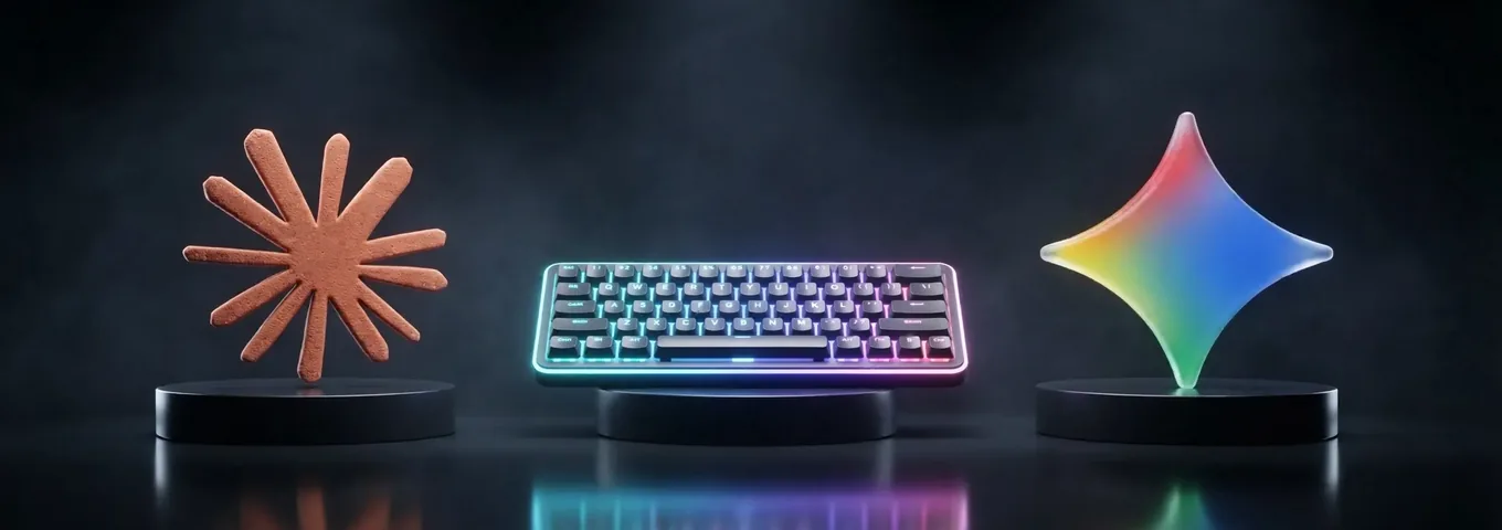 A terracotta Claude starburst and a rainbow glass Gemini star on black plinths in a charcoal studio, with a backlit keyboard on a plinth between them.