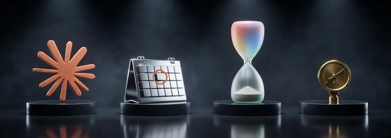A terracotta Claude starburst, a chrome desk calendar with one day circled in terracotta, a frosted hourglass with its sand run through and a brass gauge with its needle at full, each on a black plinth in a charcoal studio.