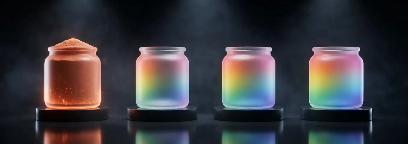 Four rainbow glass jars in a row on black plinths, the first filled to the brim with glowing terracotta sand and the other three empty, in a charcoal studio.