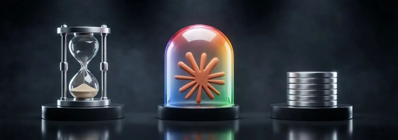 A chrome hourglass with its top bulb run empty on a black plinth, beside a terracotta OpenAI knot sealed under a rainbow glass bell jar, and a short stack of seven thin chrome discs on a second plinth, in a charcoal studio with rim light.