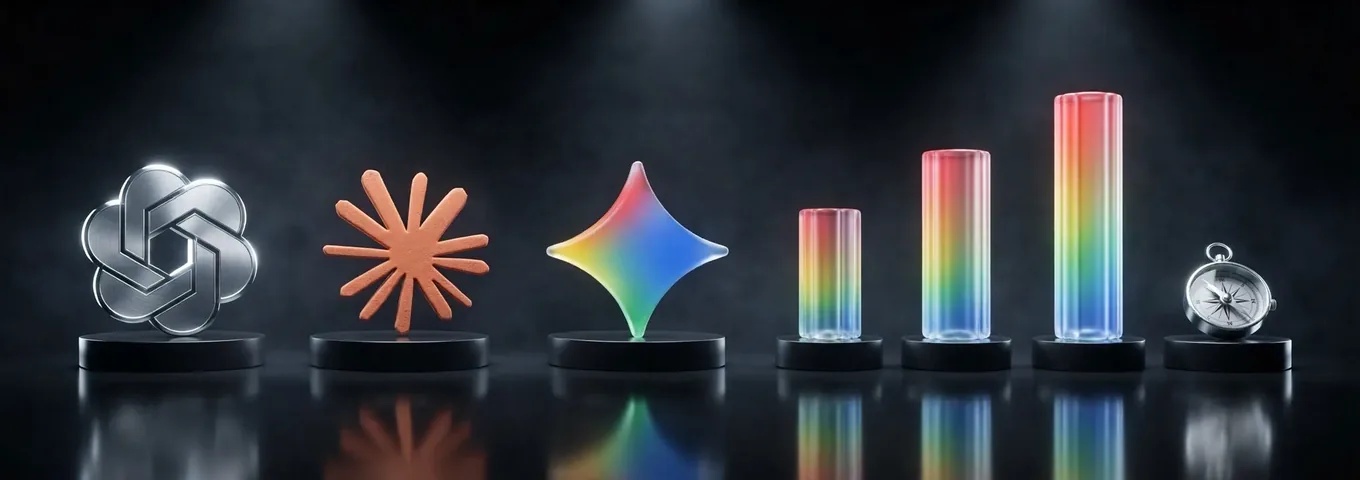 A row of rainbow glass columns of rising height on black plinths, the tallest twice the height of its neighbour, beside a small chrome compass, in a charcoal studio.