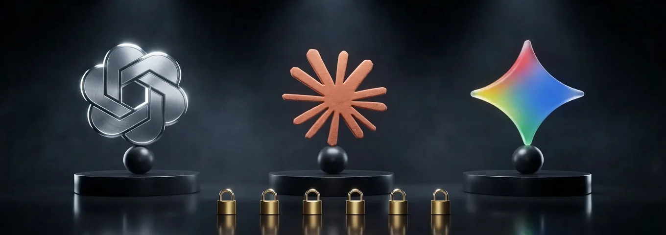 Three black plinths in a charcoal studio holding a silver OpenAI knot, a terracotta Claude starburst and a rainbow glass Gemini star, each on a small black globe, with a row of six closed brass padlocks on the floor in front.
