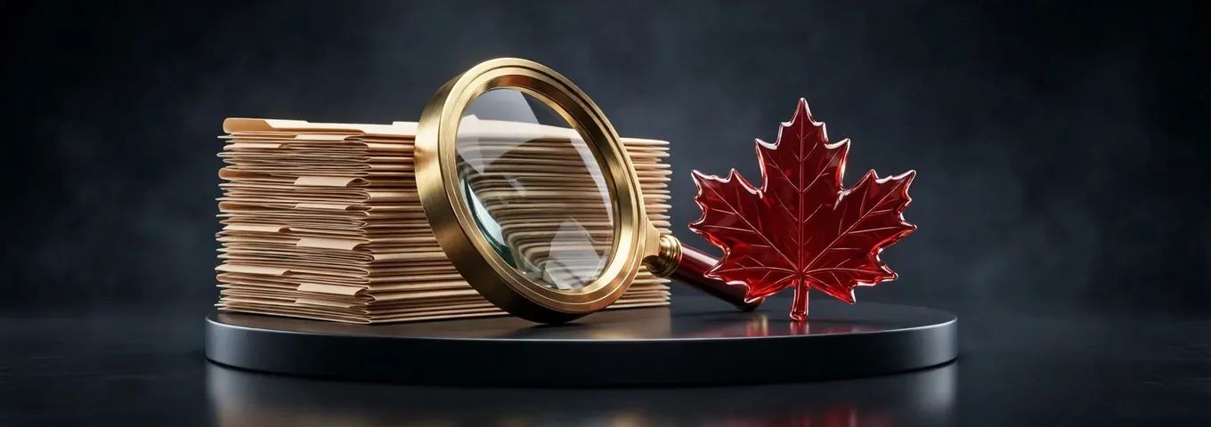 A brass magnifying glass leaning on a tall stack of manila tax folders beside a red glass maple leaf