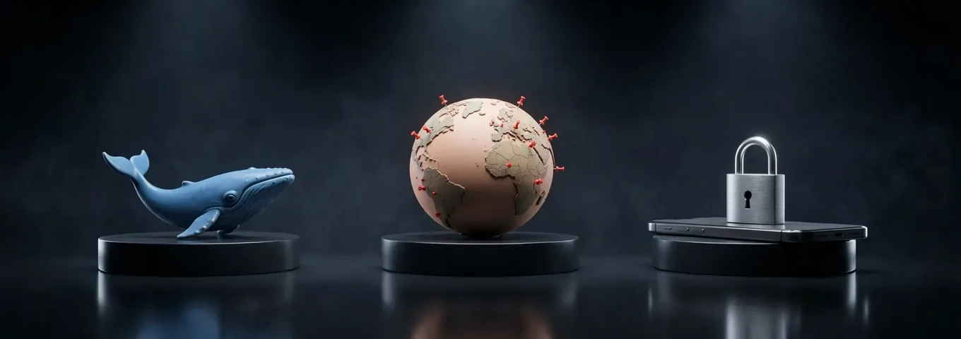 A blue whale figurine on a black plinth beside a globe dotted with red pins and a phone with a padlock resting on it