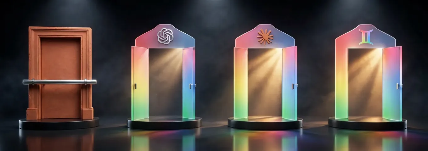A terracotta doorway on a charcoal plinth barred by a chrome rod, beside three open rainbow glass doorways on their own plinths, each topped with an AI logo and lit from inside.