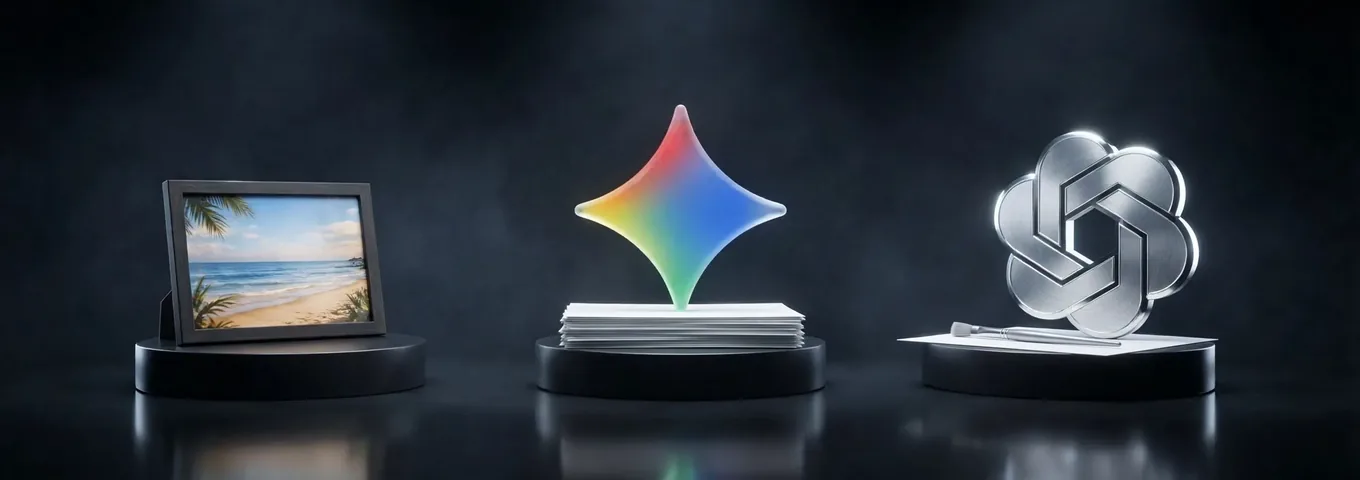 Three black plinths in a dark studio: a framed beach photo on the left, the rainbow Gemini star standing on a stack of photo prints in the middle, and the silver OpenAI knot beside a small paintbrush on a blank print on the right.