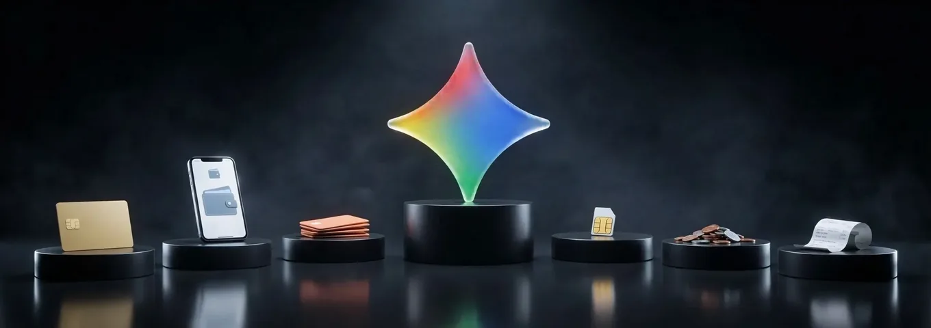 A rainbow glass Gemini star on a black plinth, flanked by a bank card, a phone wallet, gift cards, a SIM card, coins and a receipt on smaller plinths