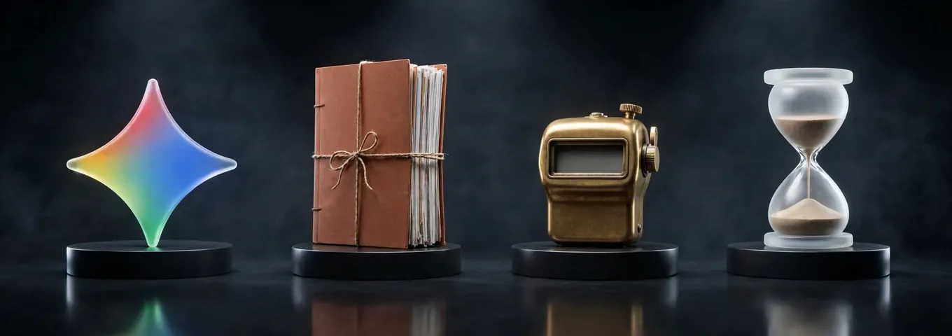 A rainbow glass Gemini star, a stack of bound research reports tied with string, a brass tally counter with a blank number window and a frosted hourglass with its sand half run through, each on a black plinth in a charcoal studio.