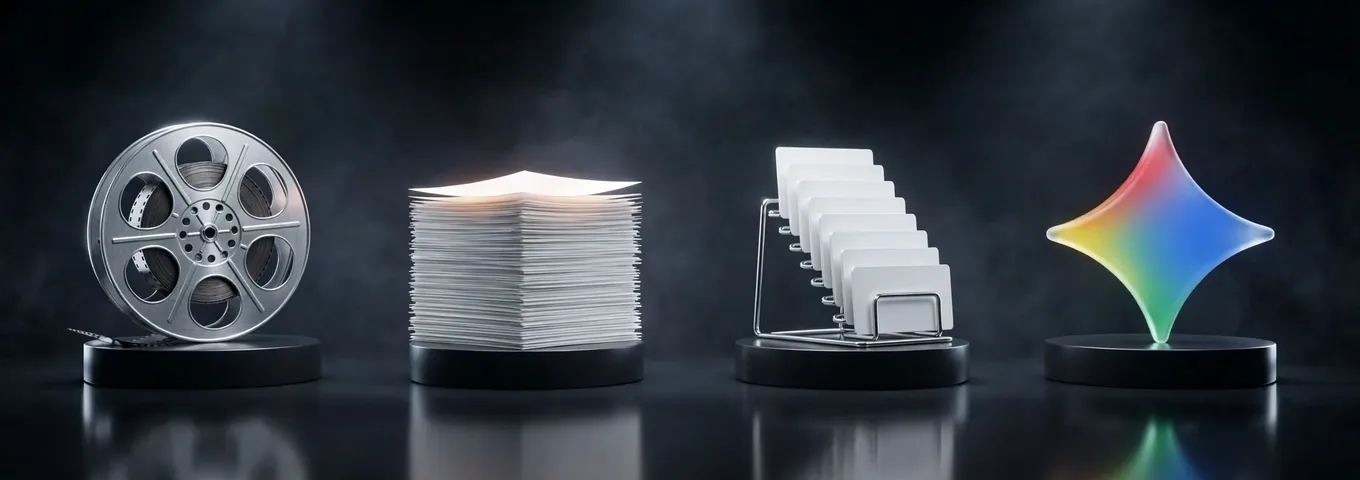 A brushed steel film reel, a tall stack of white paper with only the top sheets glowing, ten white cards in a chrome holder and a rainbow glass Gemini star, each on a black plinth in a charcoal studio.