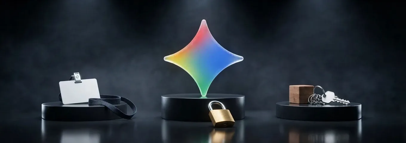 A rainbow glass Gemini star on a black plinth with a brass padlock at its base, between a plinth holding a blank employee badge on a lanyard and a plinth holding a wooden toy block and a house key, in a charcoal studio.