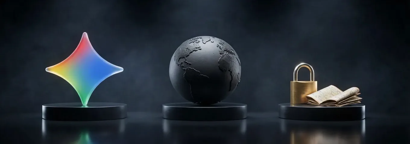 Three black plinths in a charcoal studio: a rainbow glass Gemini star, a matte black globe with raised continents, and a closed brass padlock beside a folded paper map.