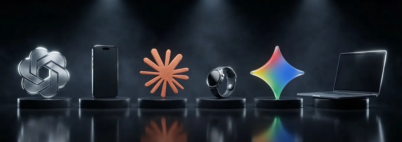 Six charcoal plinths in a dark studio holding a silver OpenAI knot, a black smartphone, a terracotta Claude starburst, a smartwatch, a rainbow glass Gemini star and an open laptop, each under a white spotlight