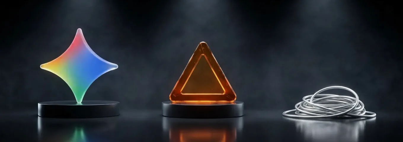 A rainbow glass Gemini star, an amber glass warning triangle and a loose coil of silver cable in a charcoal studio
