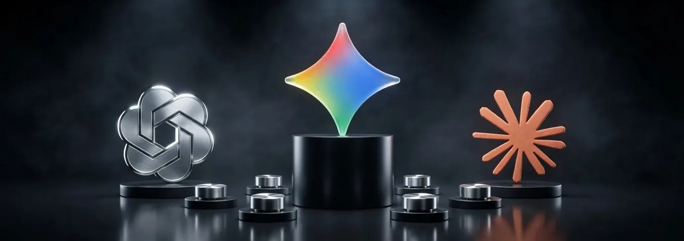 The Gemini star on a tall black plinth ringed by small steel dials, with the OpenAI and Claude logos on either side