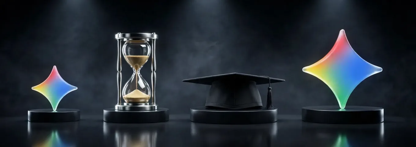 Four black plinths in a dark studio: a small rainbow glass Gemini star, a chrome hourglass with its sand running, a black graduation cap, and a large rainbow glass Gemini star.