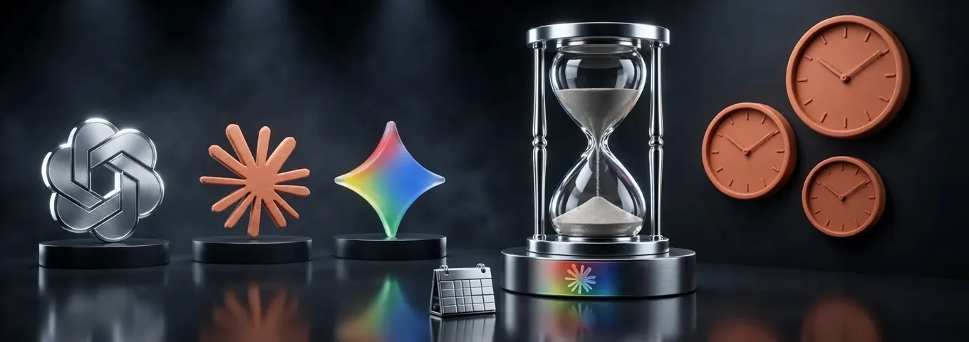 A chrome hourglass on a charcoal plinth with a rainbow sparkle on its base, three terracotta wall clocks beside it and a small chrome calendar in front, with the OpenAI, Claude and Gemini marks on plinths to the left.
