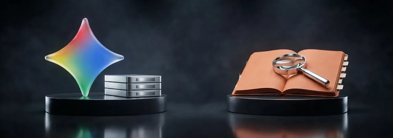 Two black plinths in a dark studio: on the left the rainbow glass Gemini star beside a stack of three silver storage drives, on the right an open terracotta notebook with tabbed pages and a chrome magnifying glass resting on it.