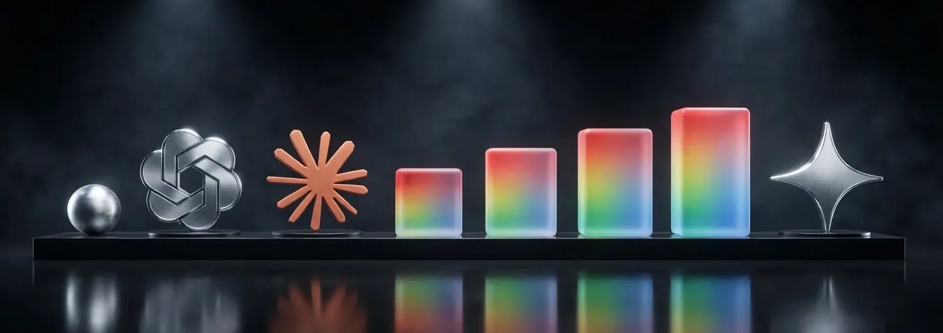 A row of rainbow glass cubes of slightly different heights on a long black plinth, with a chrome Gemini star at the tall end and a small silver globe at the short end.