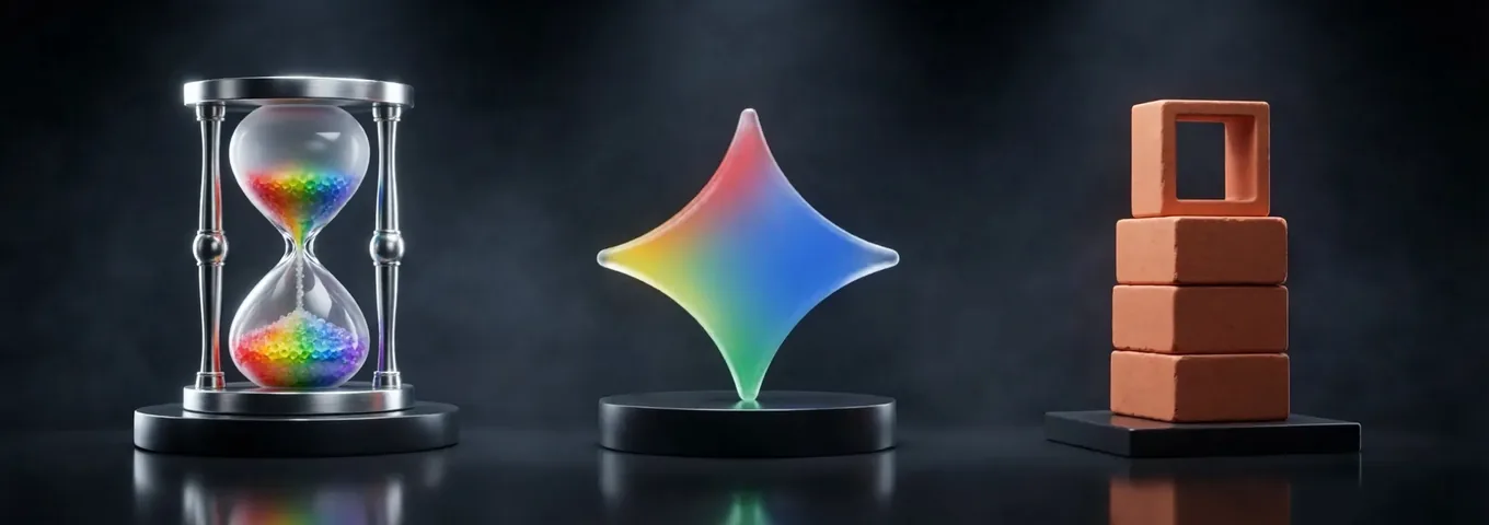 A chrome hourglass with rainbow glass sand on a black plinth beside a Gemini star, and four terracotta blocks stacked on a low base with the fourth left blank, in a charcoal studio.