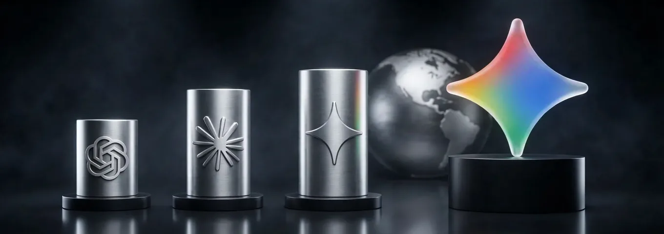 Three brushed silver cylinders of rising height stamped with the OpenAI knot, the Claude starburst and a four pointed star, beside a silver globe and a rainbow glass Gemini star on a black plinth in a dark studio.