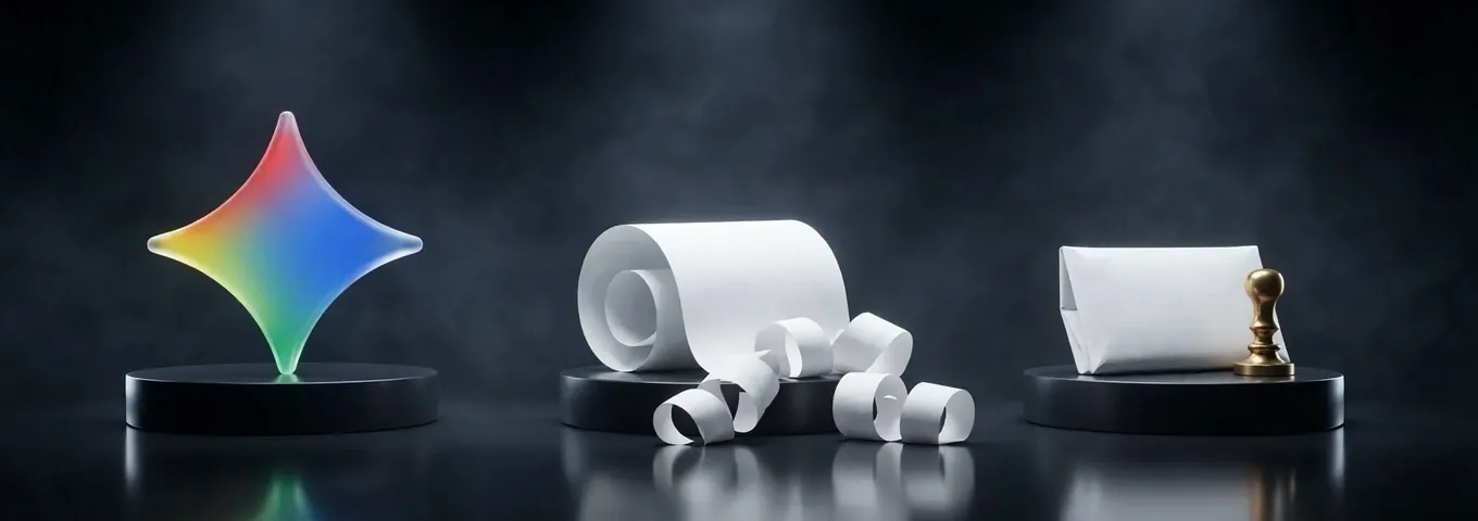 A rainbow glass Gemini star, a curled roll of white till paper and a folded sheet beside a brass seal, on three black plinths
