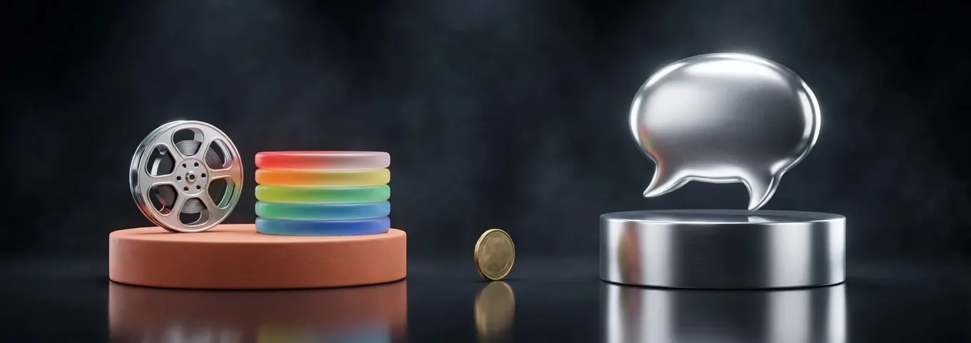 Two plinths under a warm rim light: a terracotta one carrying a film reel and a stack of rainbow glass storage discs, a chrome one carrying a single chrome speech bubble, with a brass coin standing on edge between them.