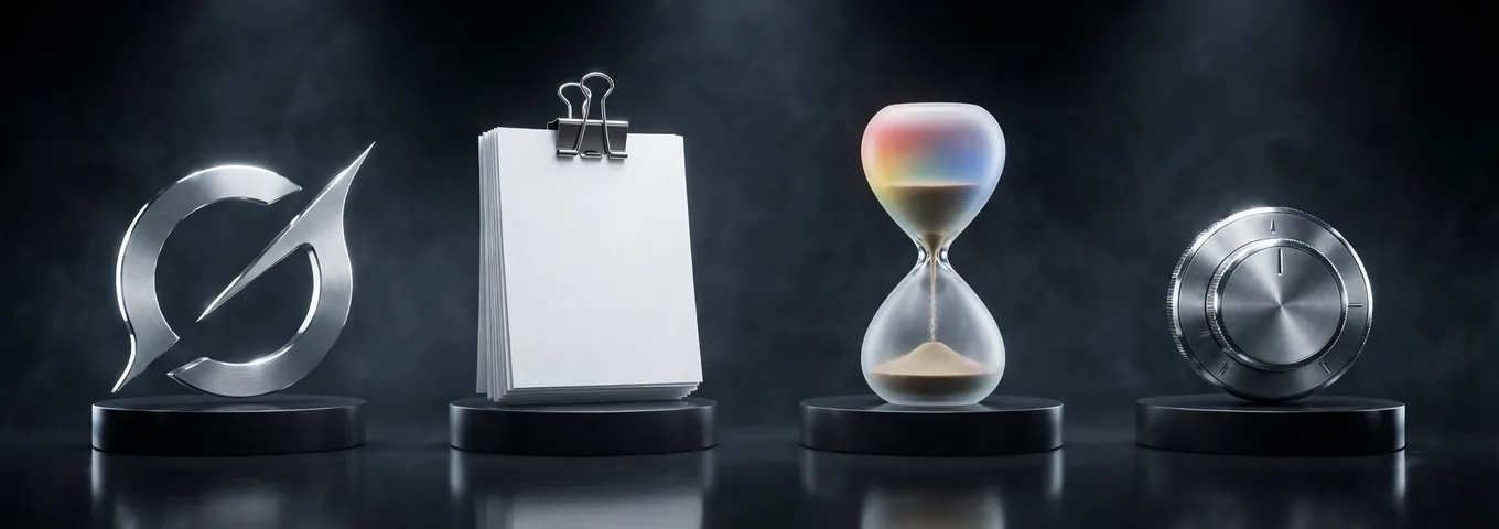 A brushed silver Grok logo, a clipped stack of blank white photo prints, a frosted hourglass with sand running through it and a chrome dial with no numbers on its face, each on a black plinth in a charcoal studio with white rim light.