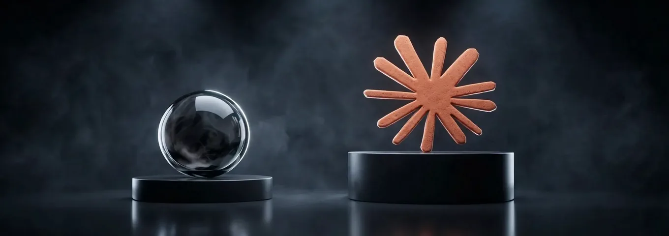 A smoked glass sphere on a low black plinth facing the terracotta Claude starburst on a taller one