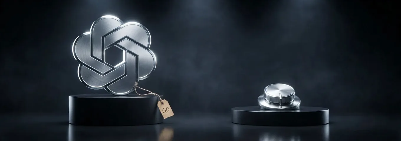 A silver OpenAI logo with a paper tag reading GO beside a chrome dial turned down to zero