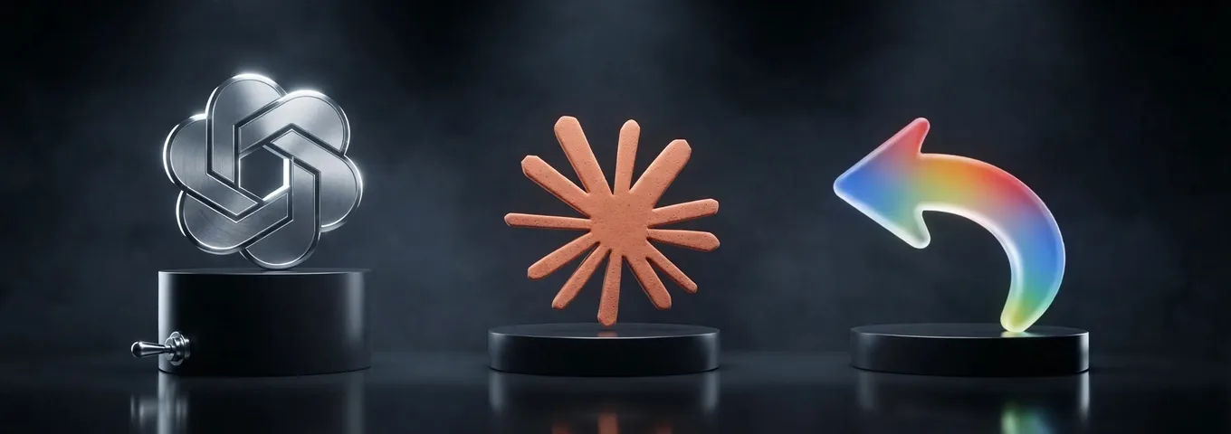 A brushed silver OpenAI knot on a black plinth with a small toggle switch at its base, a terracotta starburst and a rainbow glass arrow curving back, in a charcoal studio.