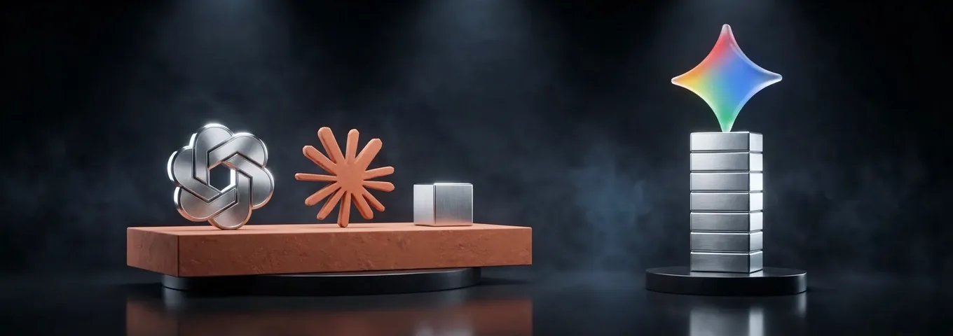 A rainbow glass Gemini star on top of a tall column of stacked chrome boxes on a black plinth, facing a terracotta block that holds a chrome OpenAI knot, an orange Claude mark and one small chrome box, in a dark studio.