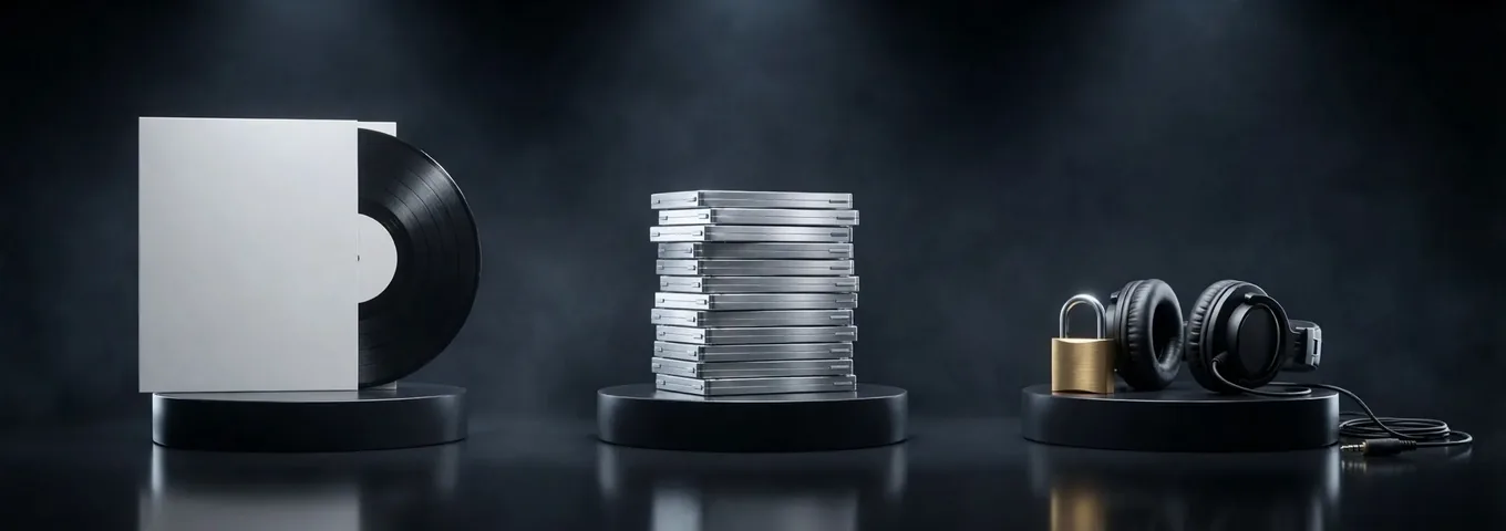 A vinyl record in a white sleeve, a stack of silver cases and a brass padlock beside studio headphones on three black plinths