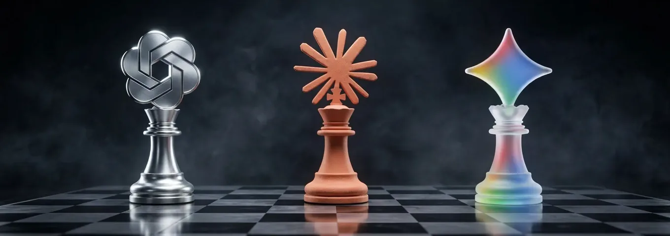 The ChatGPT, Claude and Gemini logos as chess pieces on a board