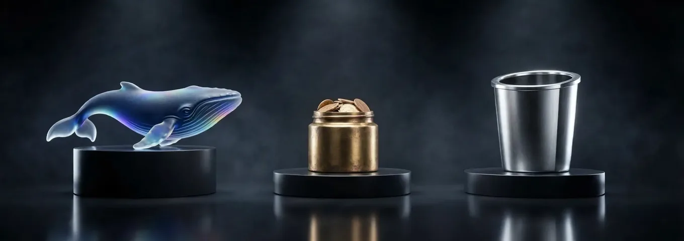 A blue glass whale, a brass jar of coins and an empty chrome bin on three black plinths