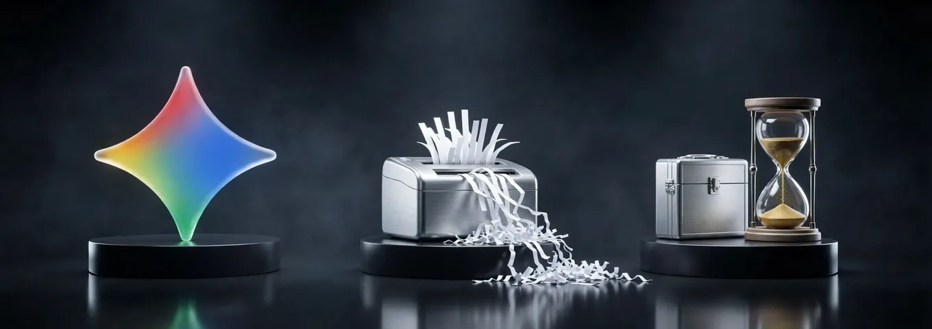 Three black plinths in a dark studio: a rainbow glass Gemini star, a silver paper shredder spilling white strips, and a closed silver lockbox beside a small hourglass