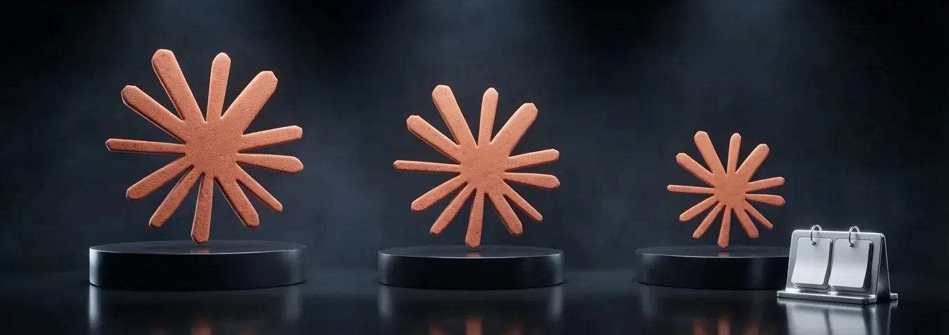 Three terracotta Claude starbursts on black plinths, each one smaller than the last, with a brushed silver flip calendar beside the smallest in a charcoal studio.