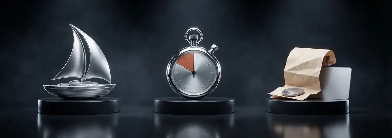 A brushed silver sailboat sculpture, a chrome stopwatch with a terracotta wedge marking its first minutes, and a paper receipt held down by a silver coin beside a bank card, each on a black plinth.