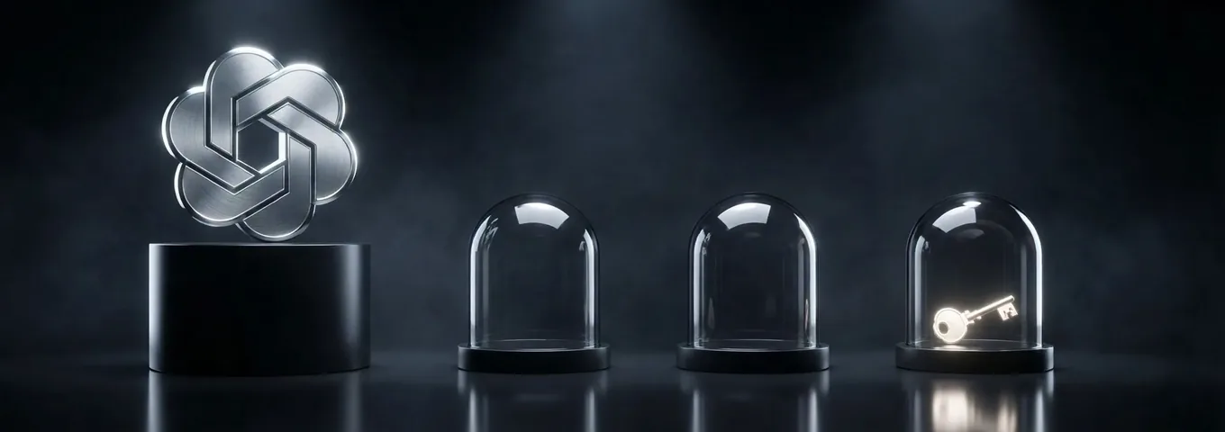 A brushed silver OpenAI knot on a tall black plinth facing three small black plinths, two of them empty under dark glass domes and one holding a glowing chrome key, in a charcoal studio with rim light.