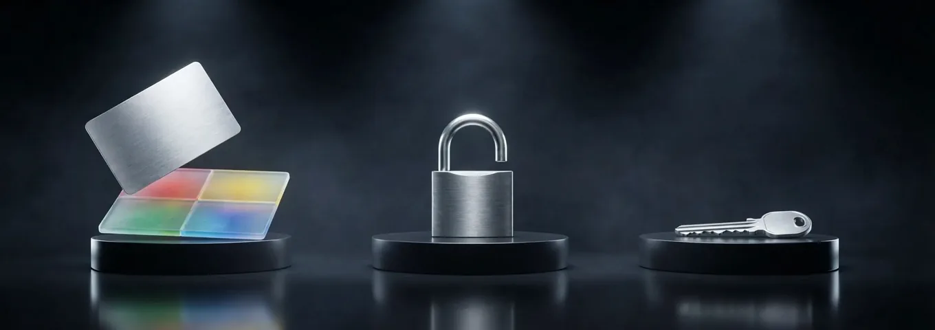 A silver card lifted off a glass tile split into four coloured panes, an open steel padlock and a chrome key, each on a black plinth