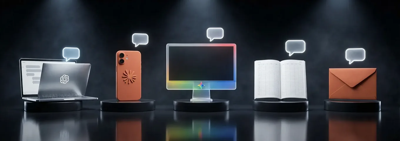 A laptop with an OpenAI mark, an orange phone with a Claude starburst, a monitor with a Gemini star, an open ledger and an orange envelope on five black plinths, each under a white speech bubble