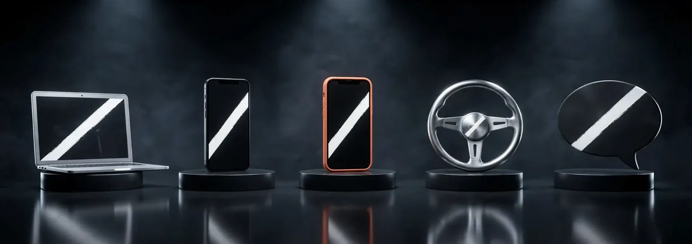 A laptop, two phones, a steering wheel and a speech bubble on five black plinths, each marked with the same white slash