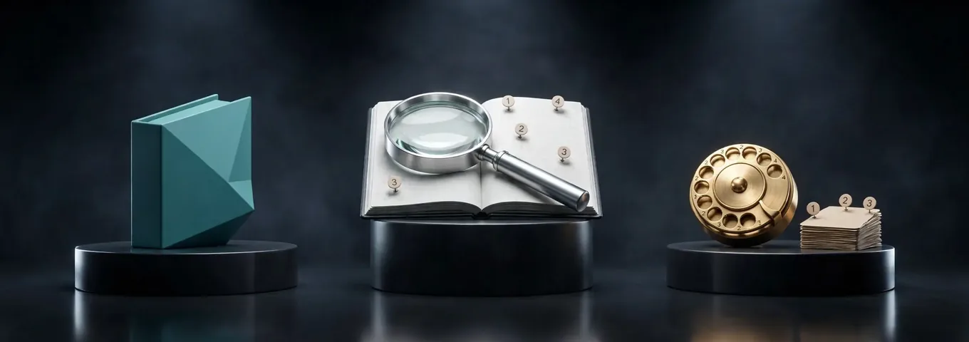 A silver magnifying glass on an open notebook dotted with numbered citation tags, beside a teal geometric book and a brass dial with six positions, on black plinths