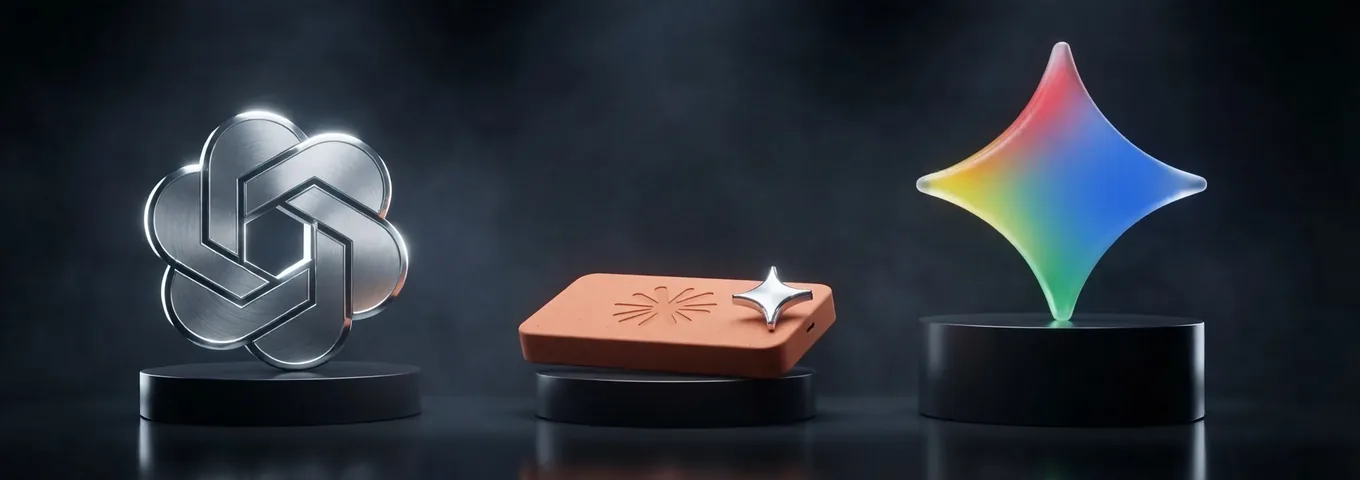 A small chrome Gemini star resting on a terracotta drive on a low black plinth, with a large rainbow glass Gemini star out of reach on a taller plinth behind, in a charcoal studio.